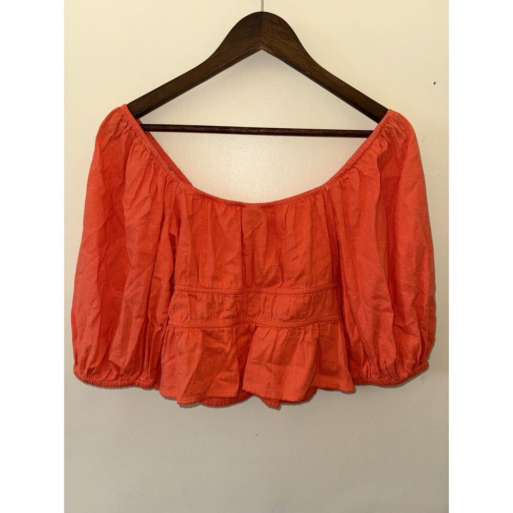 A New Day Orange Linen Blend Puff Sleeve Crop Peasant Top Size M - Picture 2 of 8